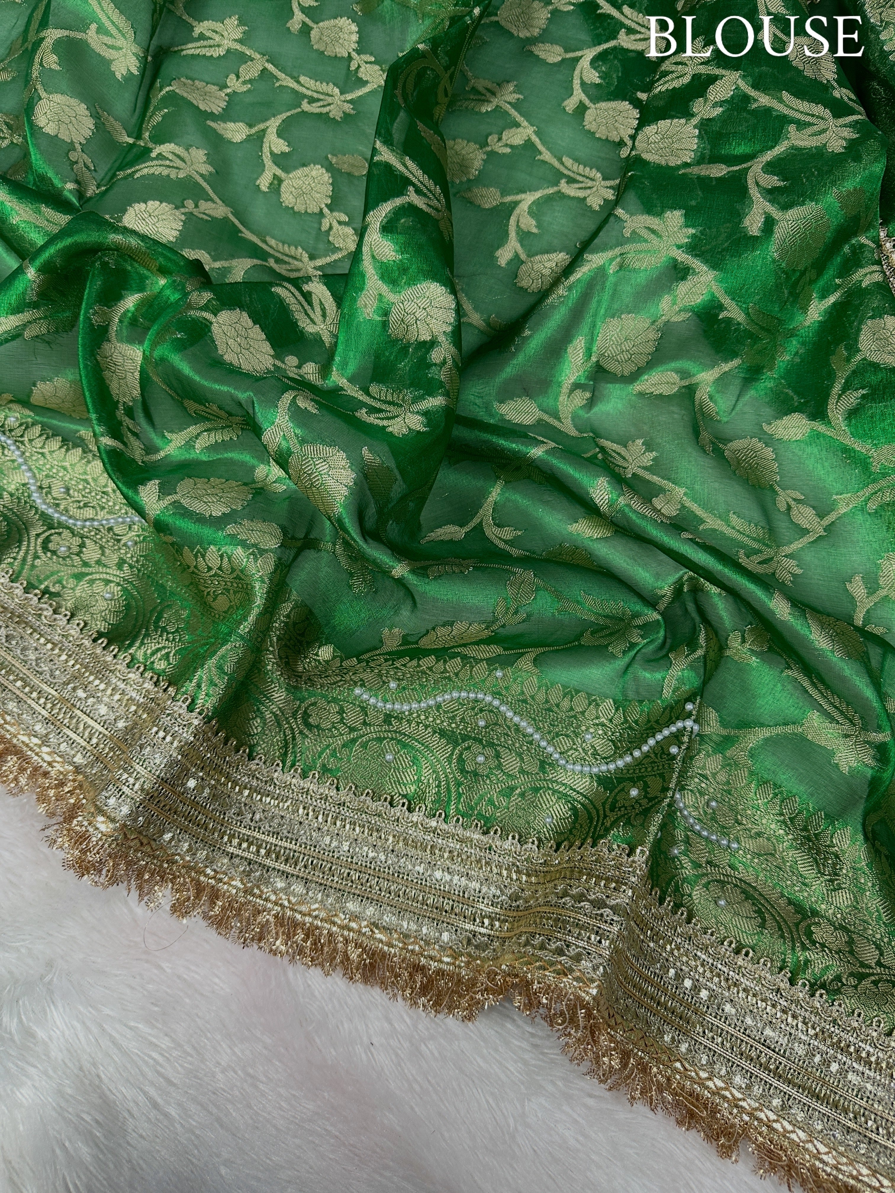 Emerald Green Tissue Silk Banarasi Saree with Pearl Work & Designer Lace Border