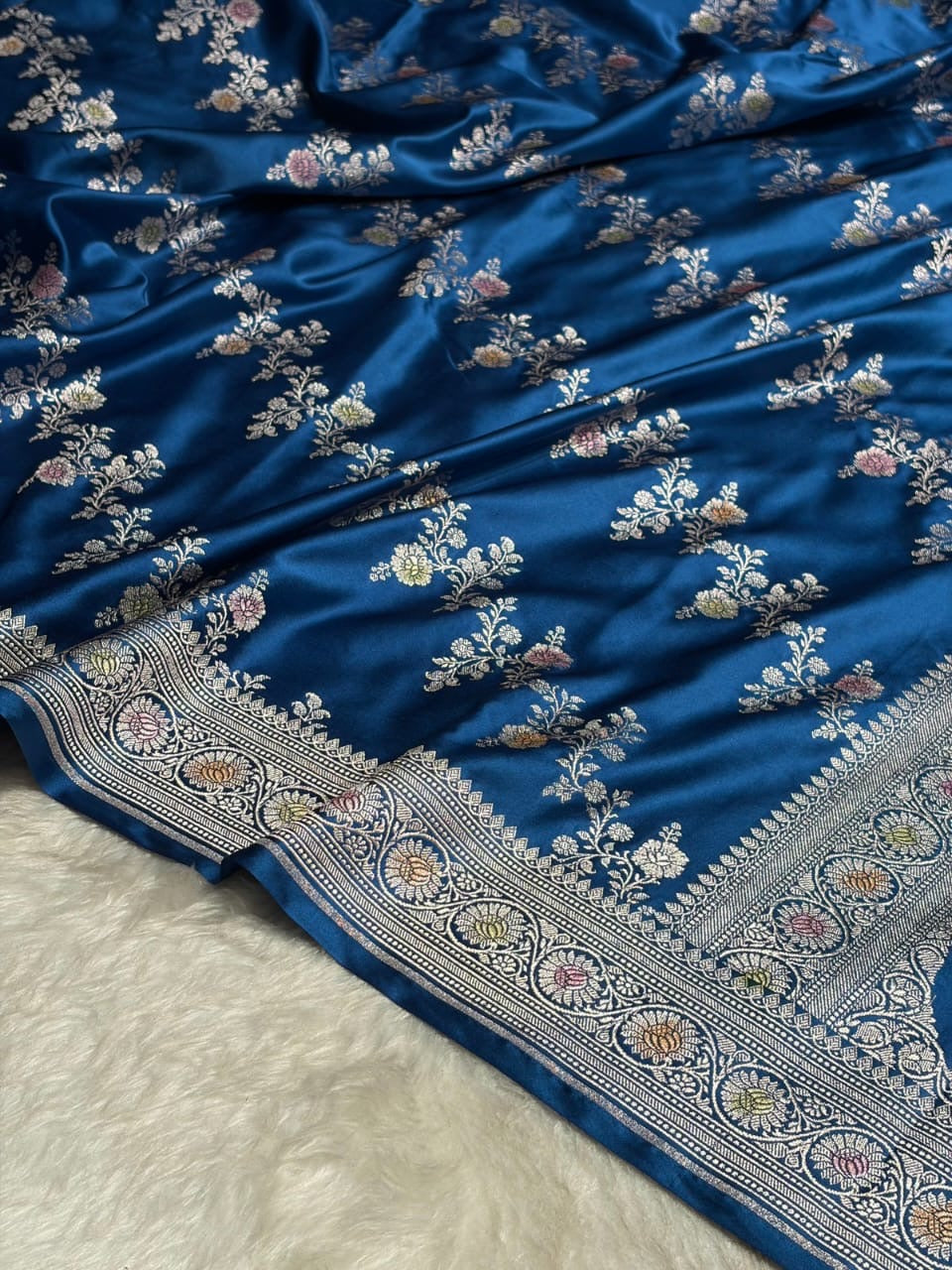 Deep Teal Blue Meenakari Mashru Katan Silk Banarasi Saree