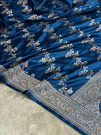 Deep Teal Blue Meenakari Mashru Katan Silk Banarasi Saree