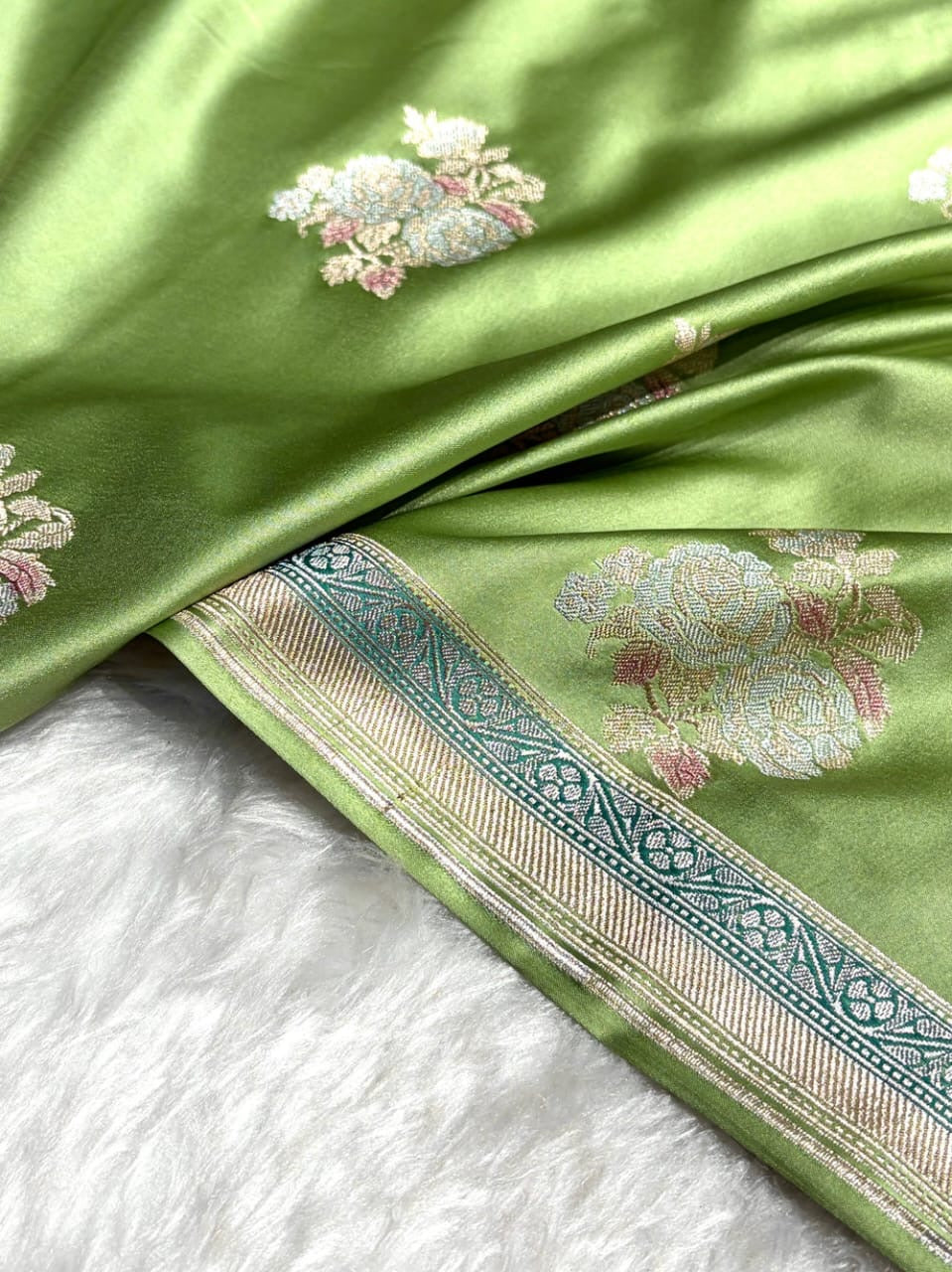 Pista Meenakari Mashru Katan Silk Banarasi Saree