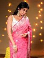 Rani Pink Pure Khaddi Chiffon Silk Banarasi Saree