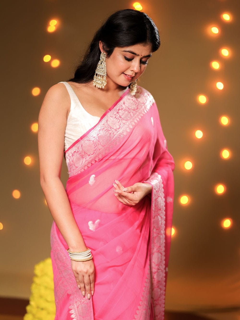 Rani Pink Pure Khaddi Chiffon Silk Banarasi Saree
