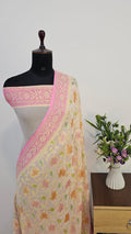 Off- White & Pink Handbrush Meenakari Pure Khaddi Georgette Silk Banarasi Saree