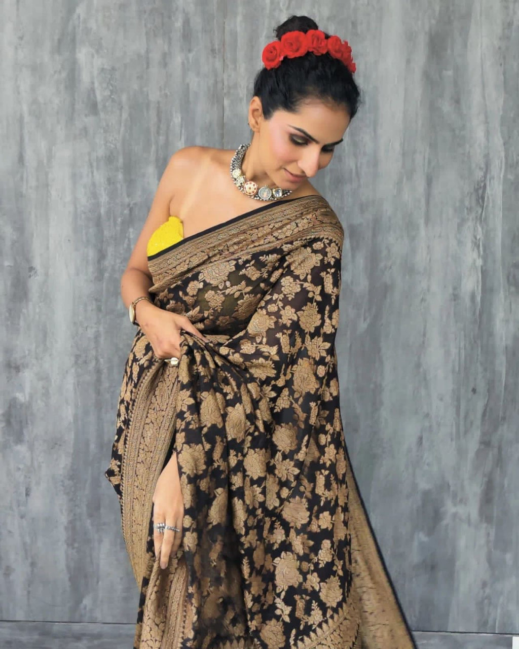 Black Pure Khaddi Georgette Silk Banarasi Saree