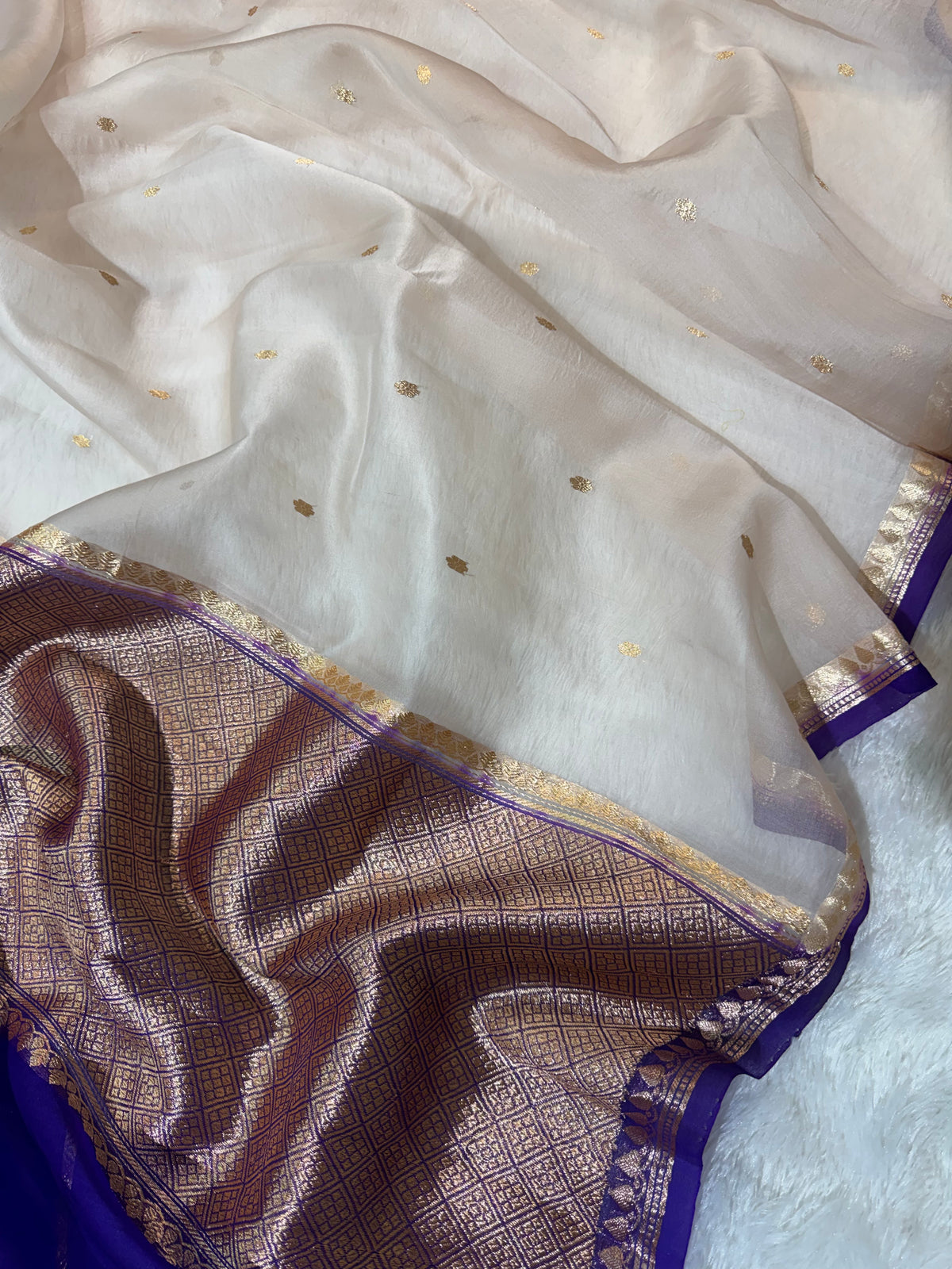 Pastel Grey & Purple Pure Kora Organza Silk Banarasi Saree