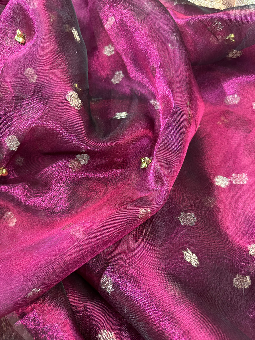 Magenta Tissue Silk Saree With Golden Ghungroo Butti Work & Luxury Lace Border