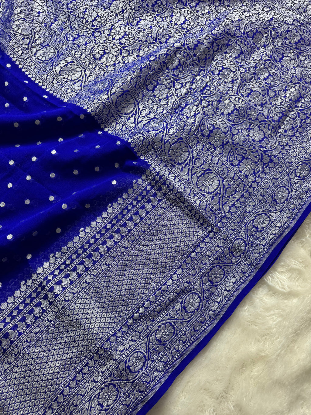 Royal Blue Pure Khaddi Georgette Silk Banarasi Mutter Dana Saree
