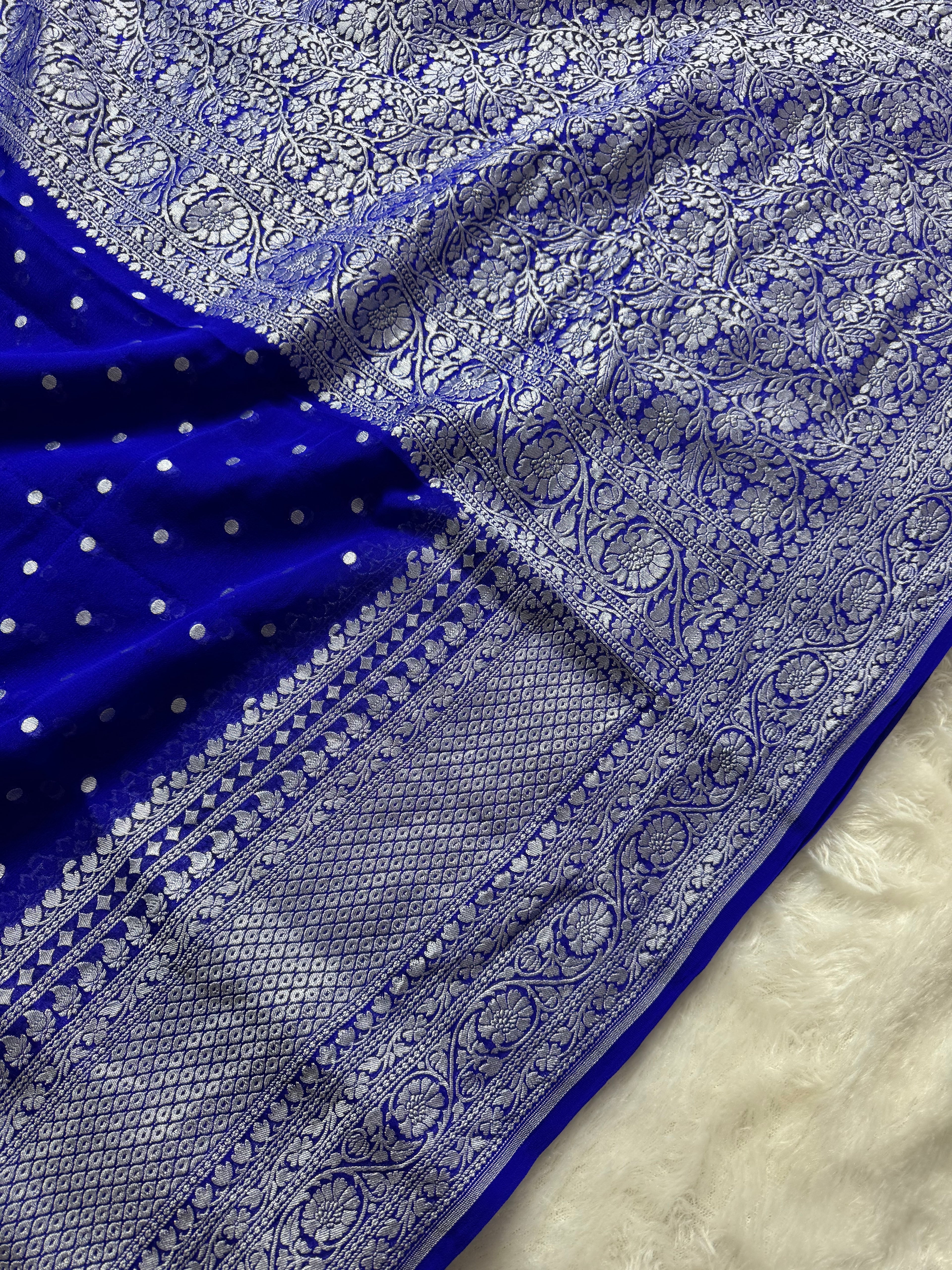 Royal Blue Pure Khaddi Georgette Silk Banarasi Mutter Dana Saree