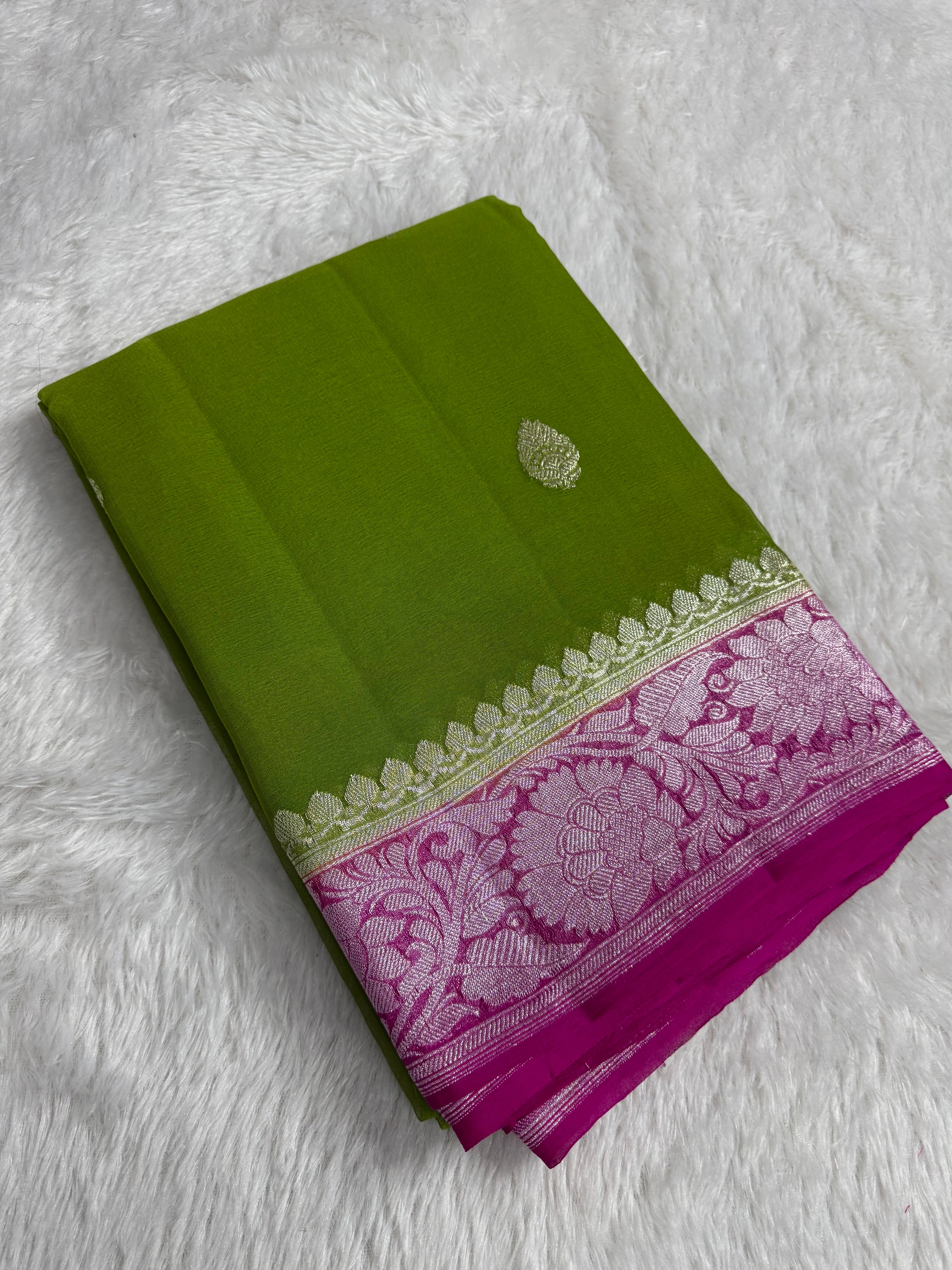 Lime Green & Rani Pink Pure Khaddi Chiffon Silk Banarasi Saree