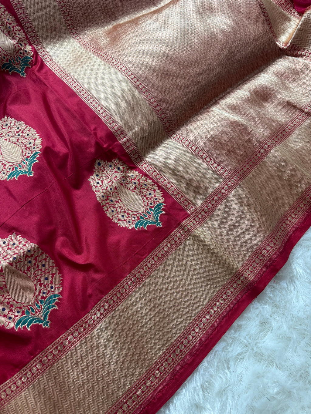 Red Pure katan Zari Border Aanchal Mina Boota Saree