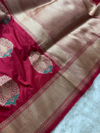 Red Pure katan Zari Border Aanchal Mina Boota Saree