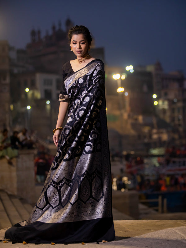Black Mashru Kataan Silk Banarasi Saree