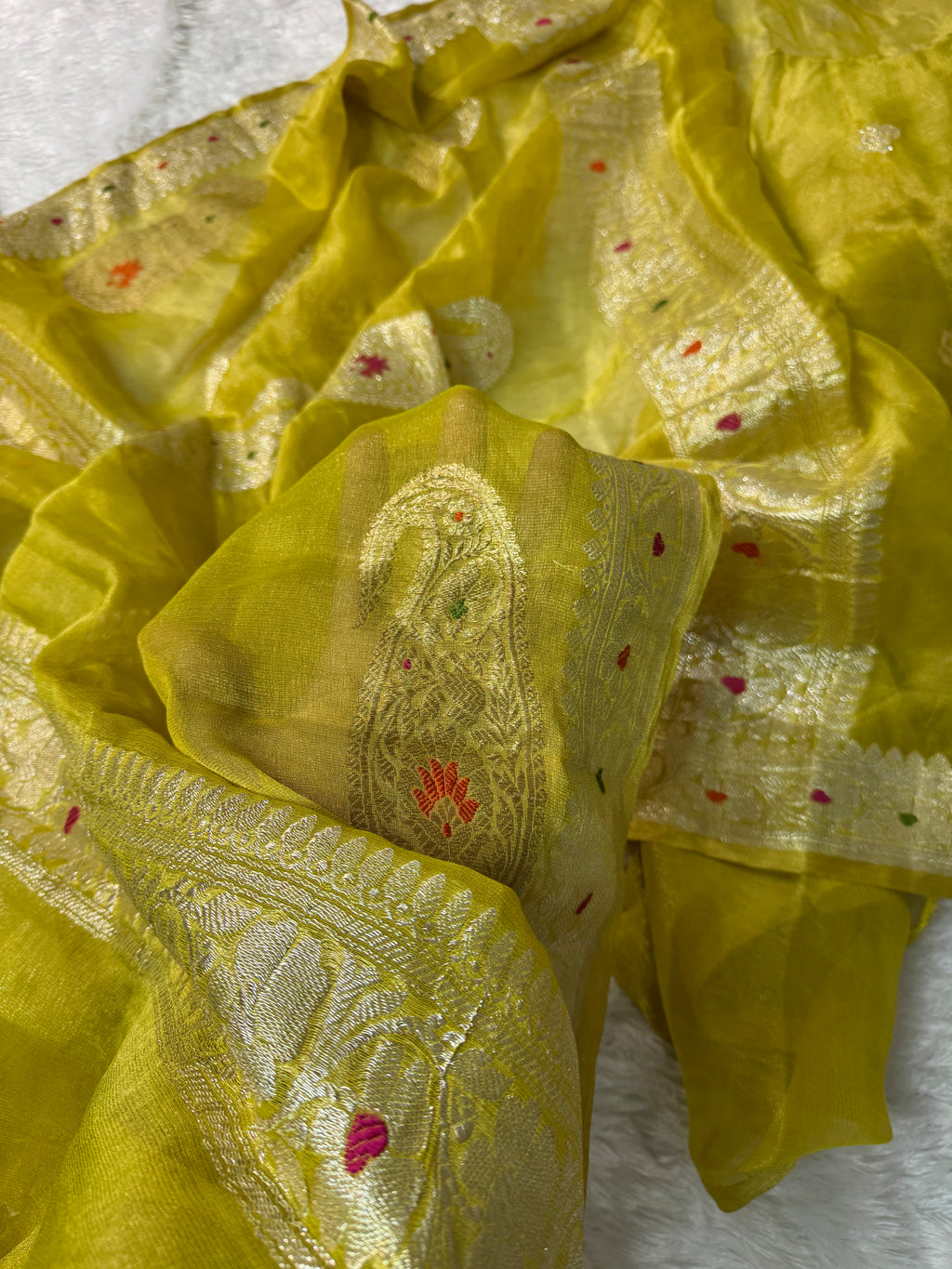 Yellow Pure Khaddi Tissue Chiffon Sona & Roopa Meenakari Banarasi Saree