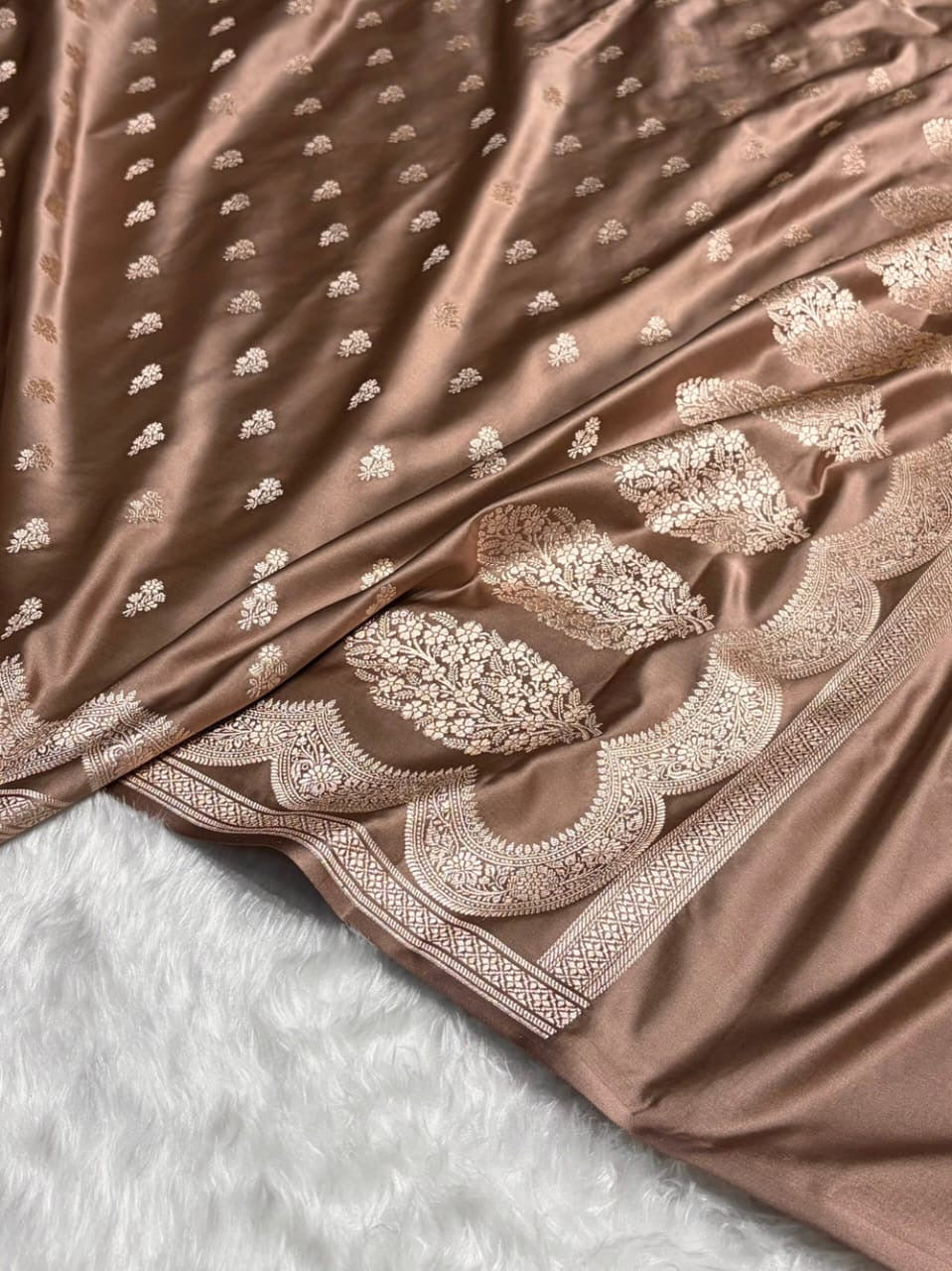 Warm Coffee Brown Mashru Katan Silk Banarasi Saree