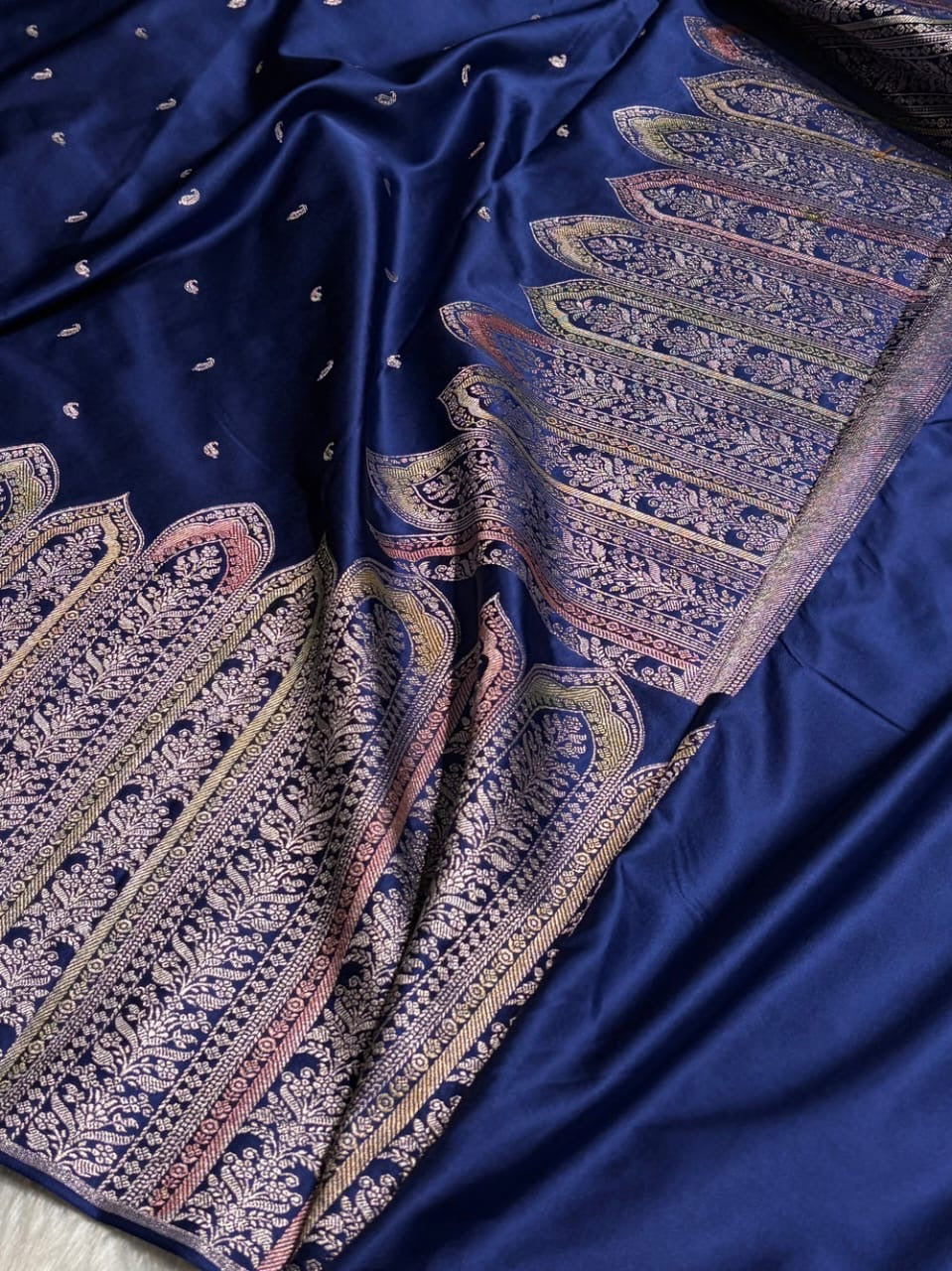 Navy Blue Meenakri Mashru Katan Silk Banarasi Saree