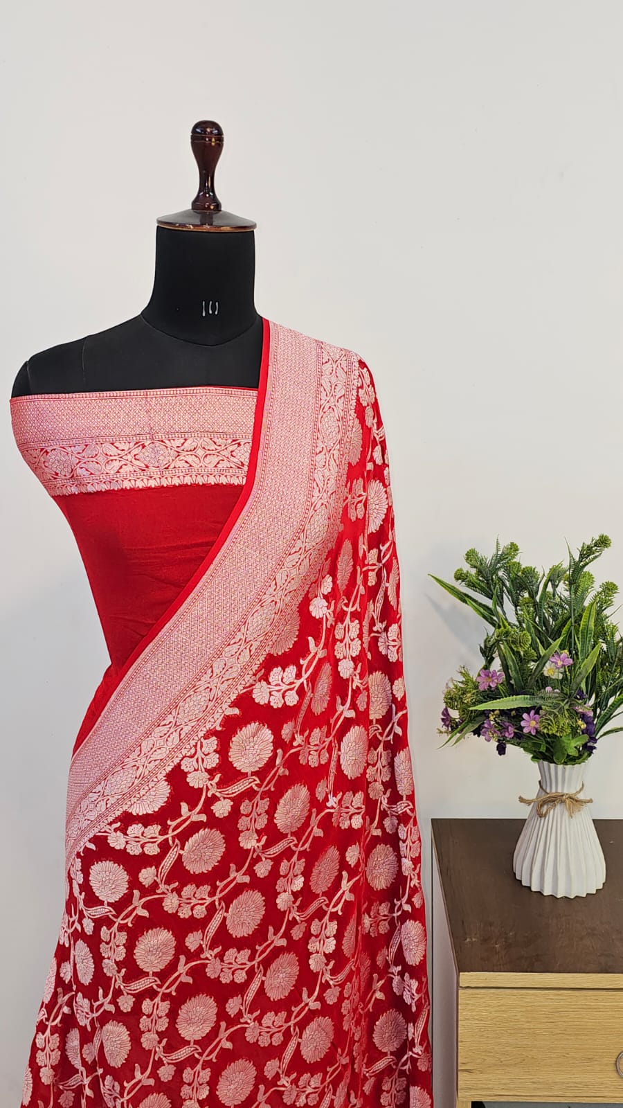 Red Pure Khaddi Georgette Silk Banarasi Saree
