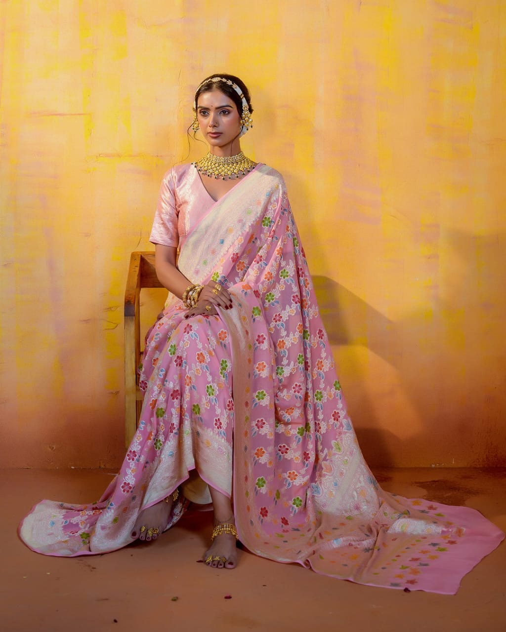 Baby Pink With Handbrush Pure Khaddi Georgette Silk Banarasi Saree