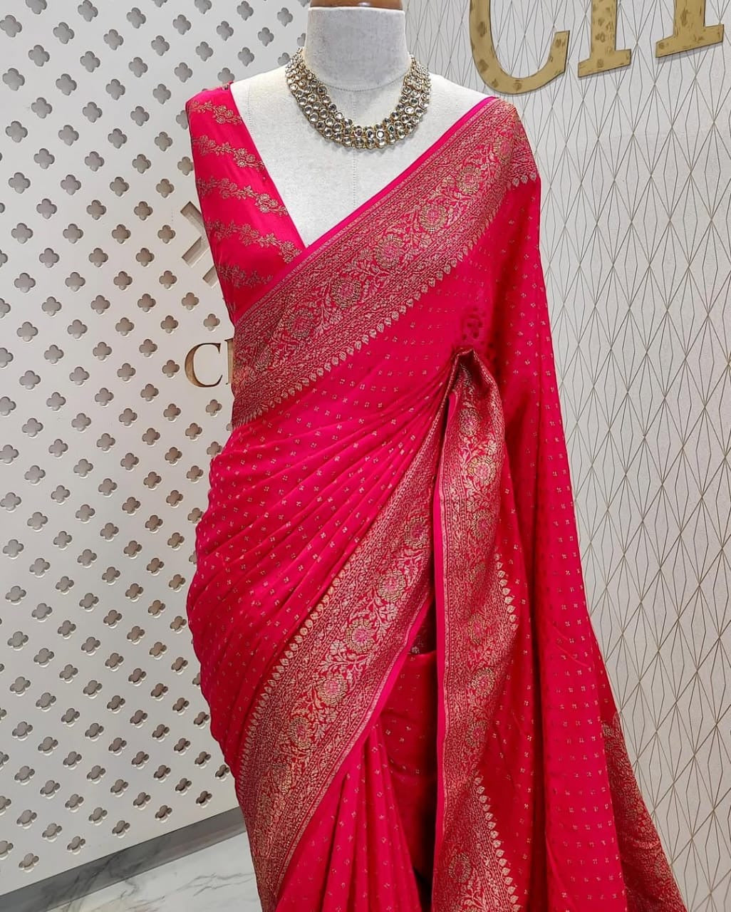 Bright Pink Pure Khaddi Crep Silk Banarasi Saree
