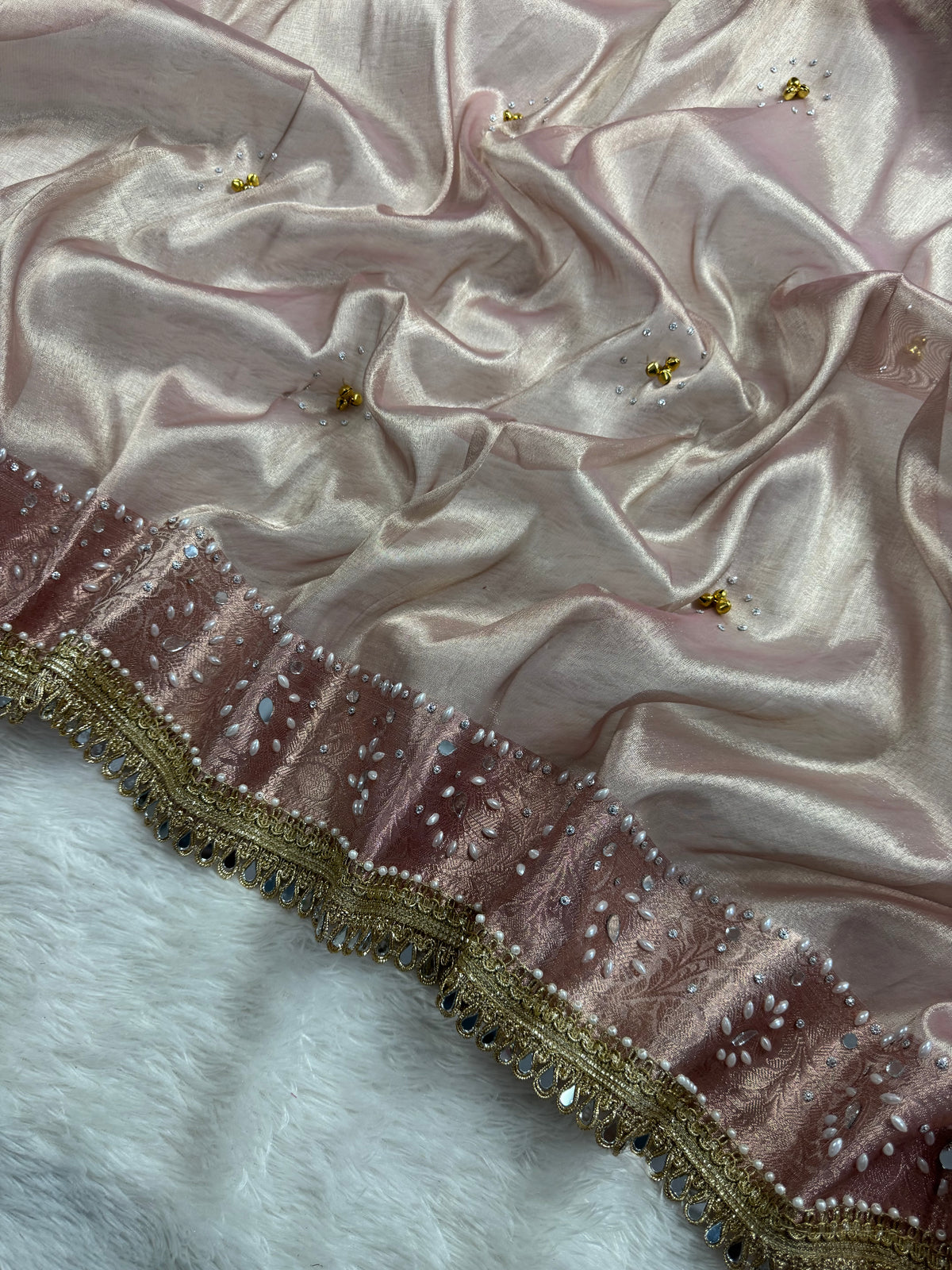 Rose Pink Tissue Silk Saree With Ghungroo & Mirror Work Designer Border Lace Saree