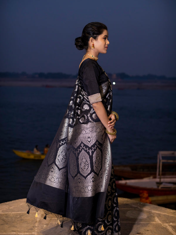Black Mashru Kataan Silk Banarasi Saree