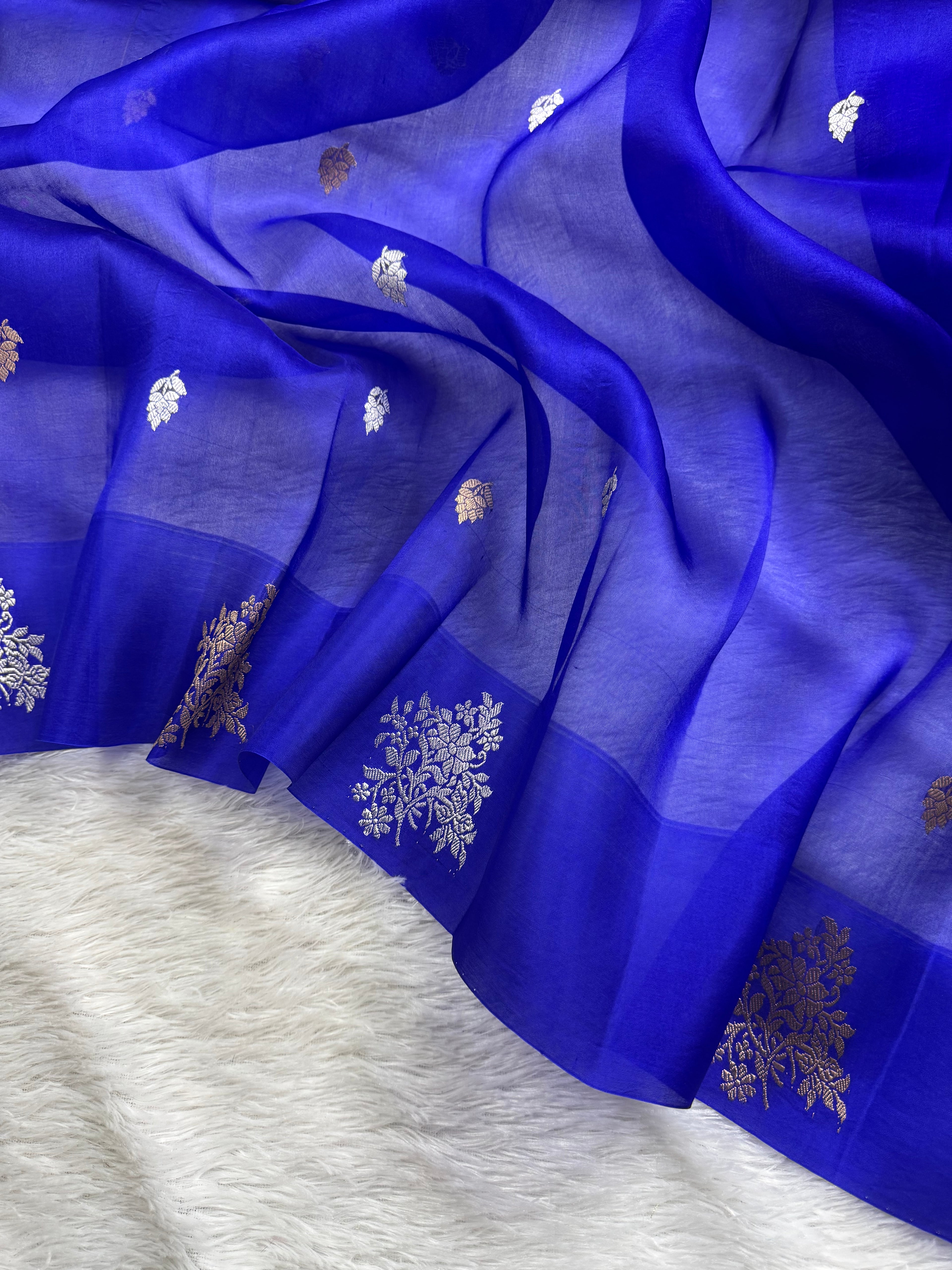 Royal Blue Pure Kora Organza Silk Banarasi Saree Sona & Roopa Zari Weaving