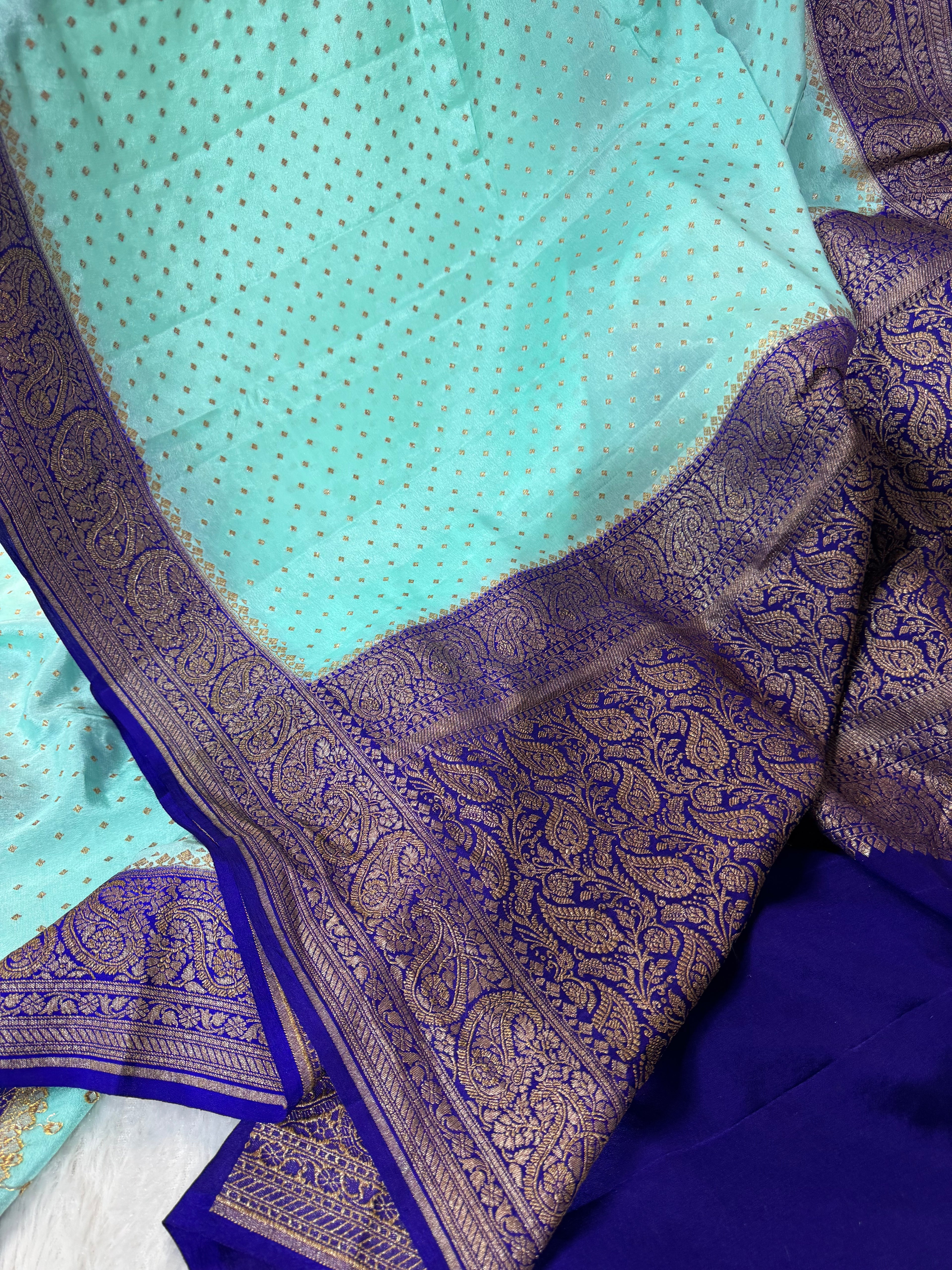 Sea Green & Dark Royal Blue Pure Khaddi Crep Silk Banarasi Saree