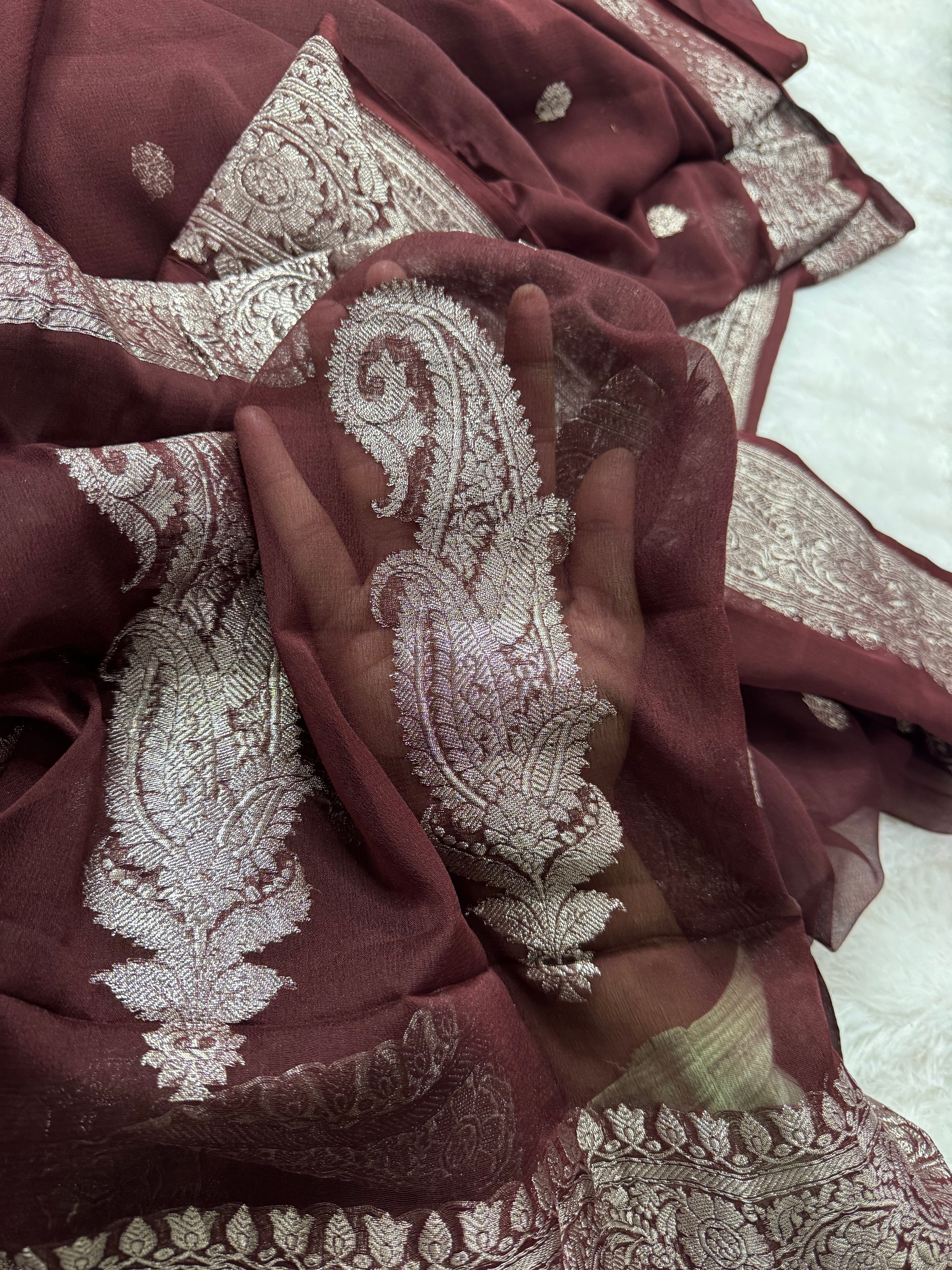 Dark Brown Pure Khaddi Chiffon Silk Banarasi Saree