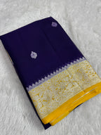 Navy Blue & Yellow Pure Khaddi Chiffon Silk Banarasi Saree
