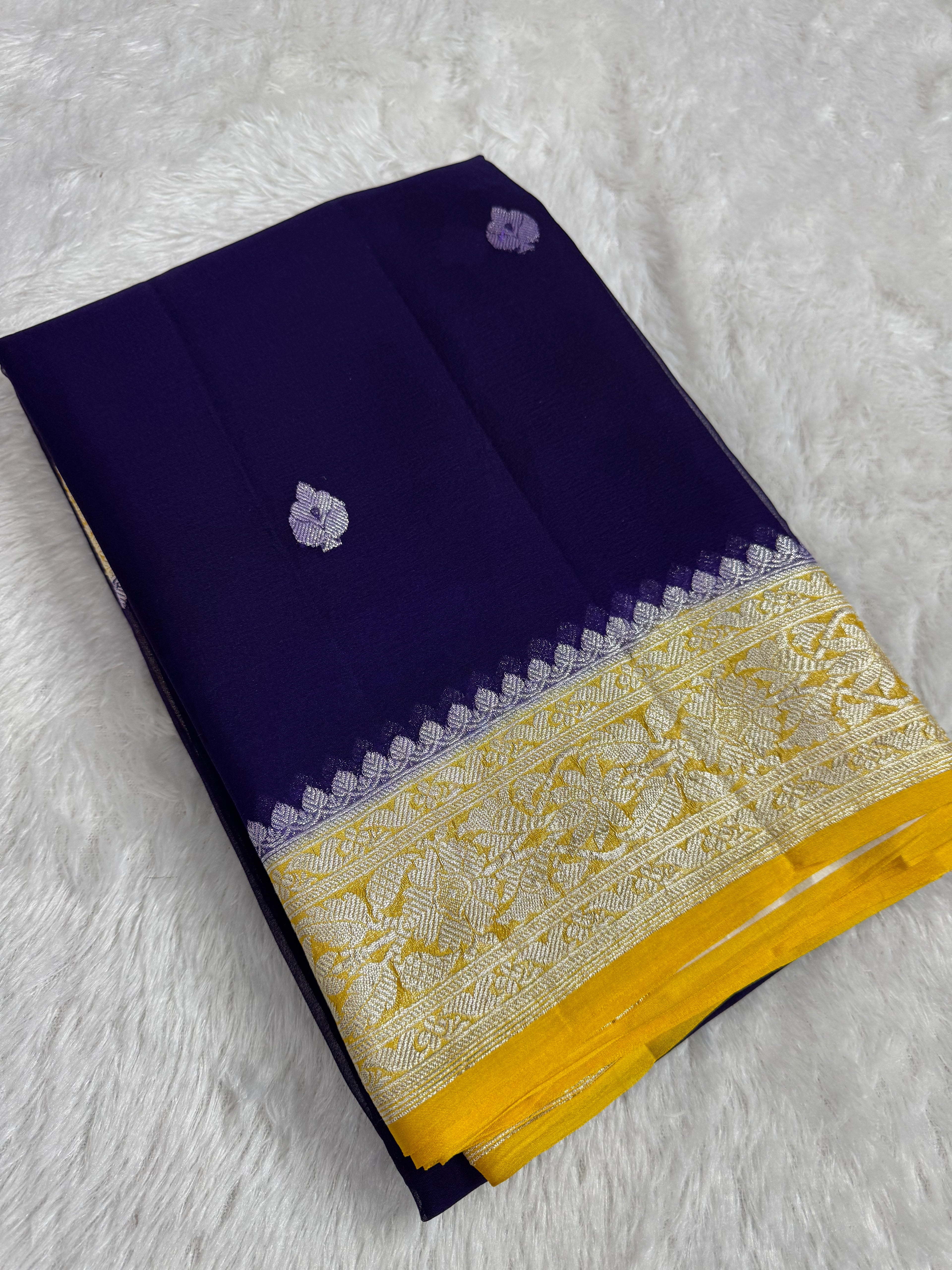 Navy Blue & Yellow Pure Khaddi Chiffon Silk Banarasi Saree