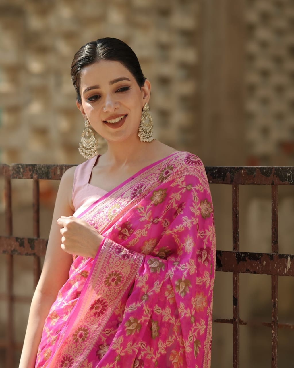 Pink Pure Chiffon Silk Banarasi Saree
