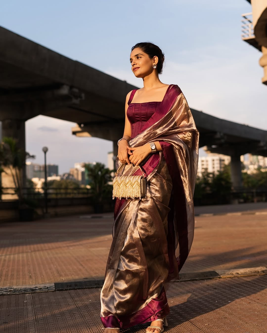 Reddish Wine Pure Glass Tissue Silk Banarasi Saree