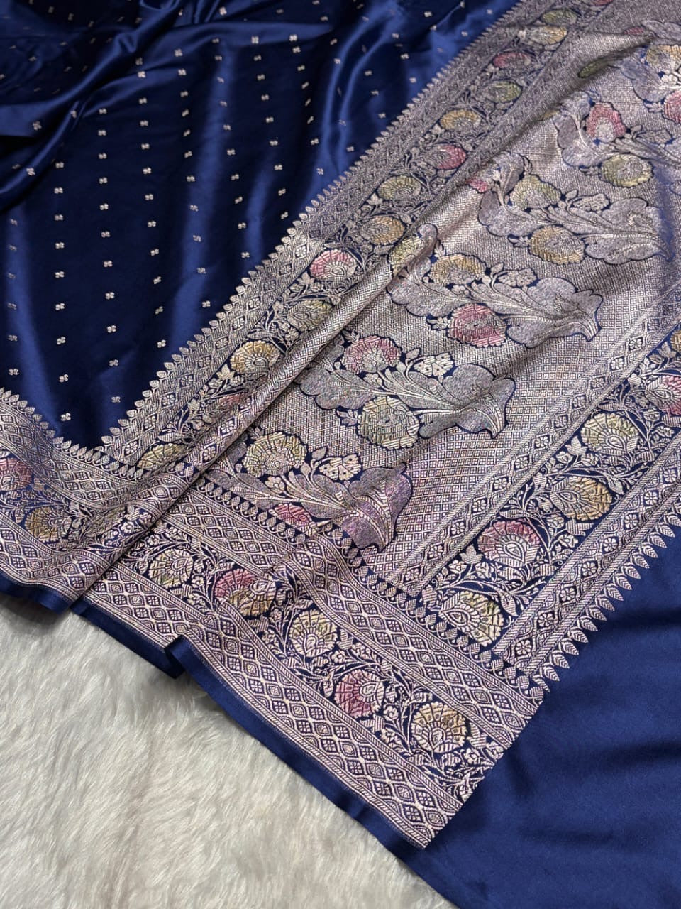 Navy Blue Meenakari Mashru Katan Silk Banarasi Saree