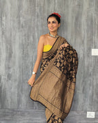 Black Pure Khaddi Georgette Silk Banarasi Saree