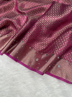Wine Magenta Tissue Silk Saree With Mirror Work & Designer Lace Border