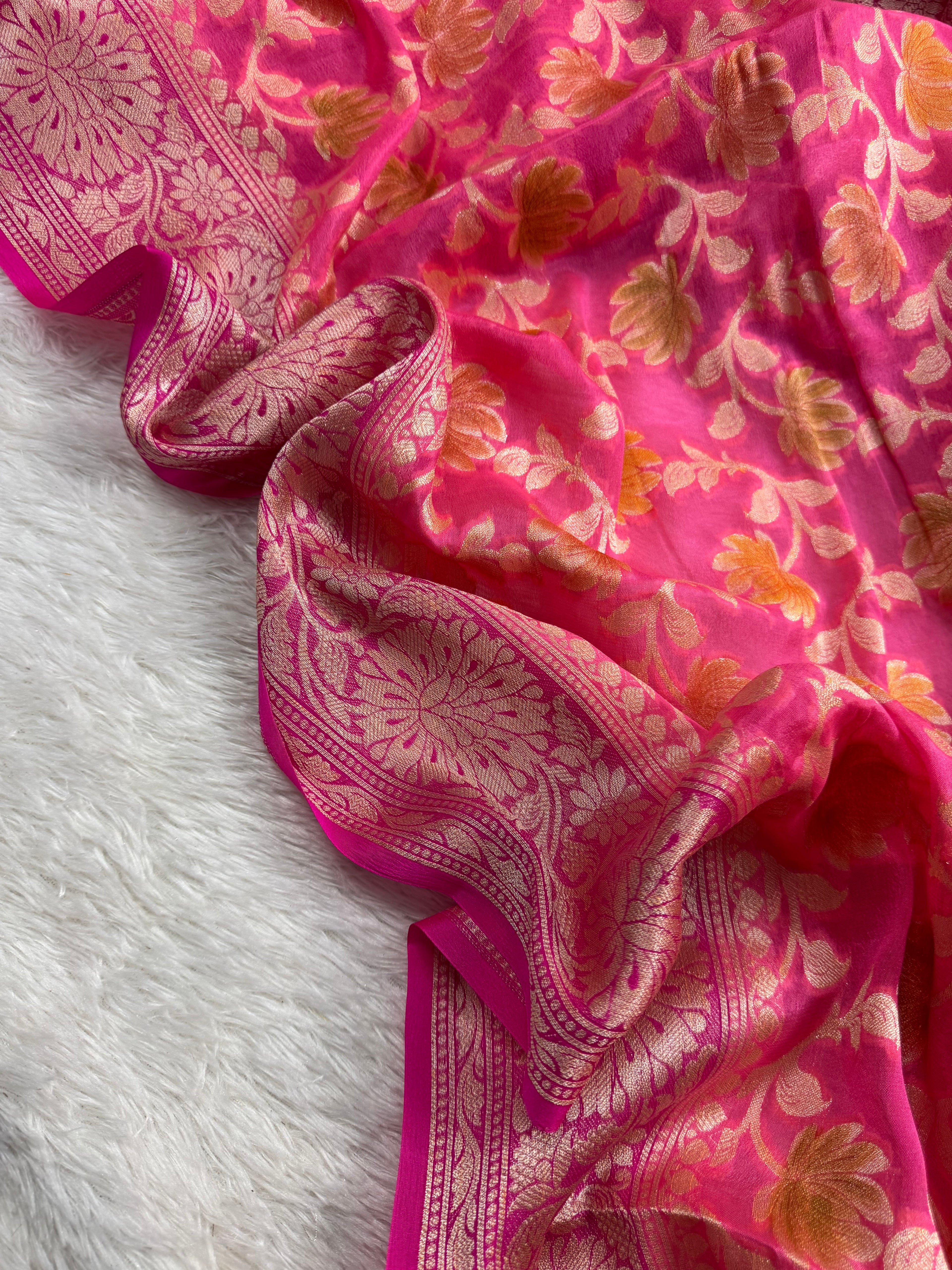 Rani & Pink Handbrush Meenakari Pure Chiffon Silk Banarasi Saree