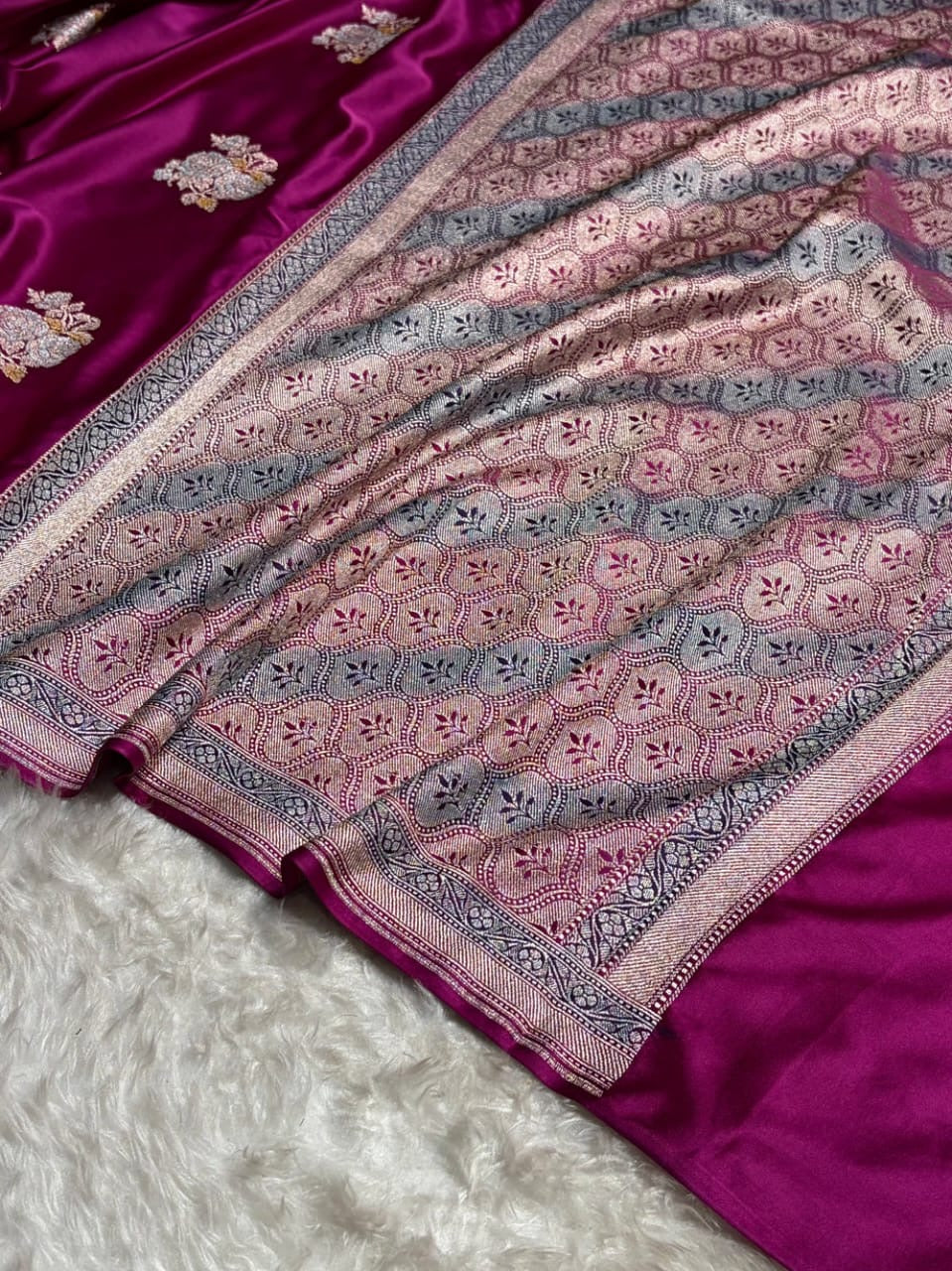 Magenta Meenakari Mashru Katan Silk Banarasi Saree