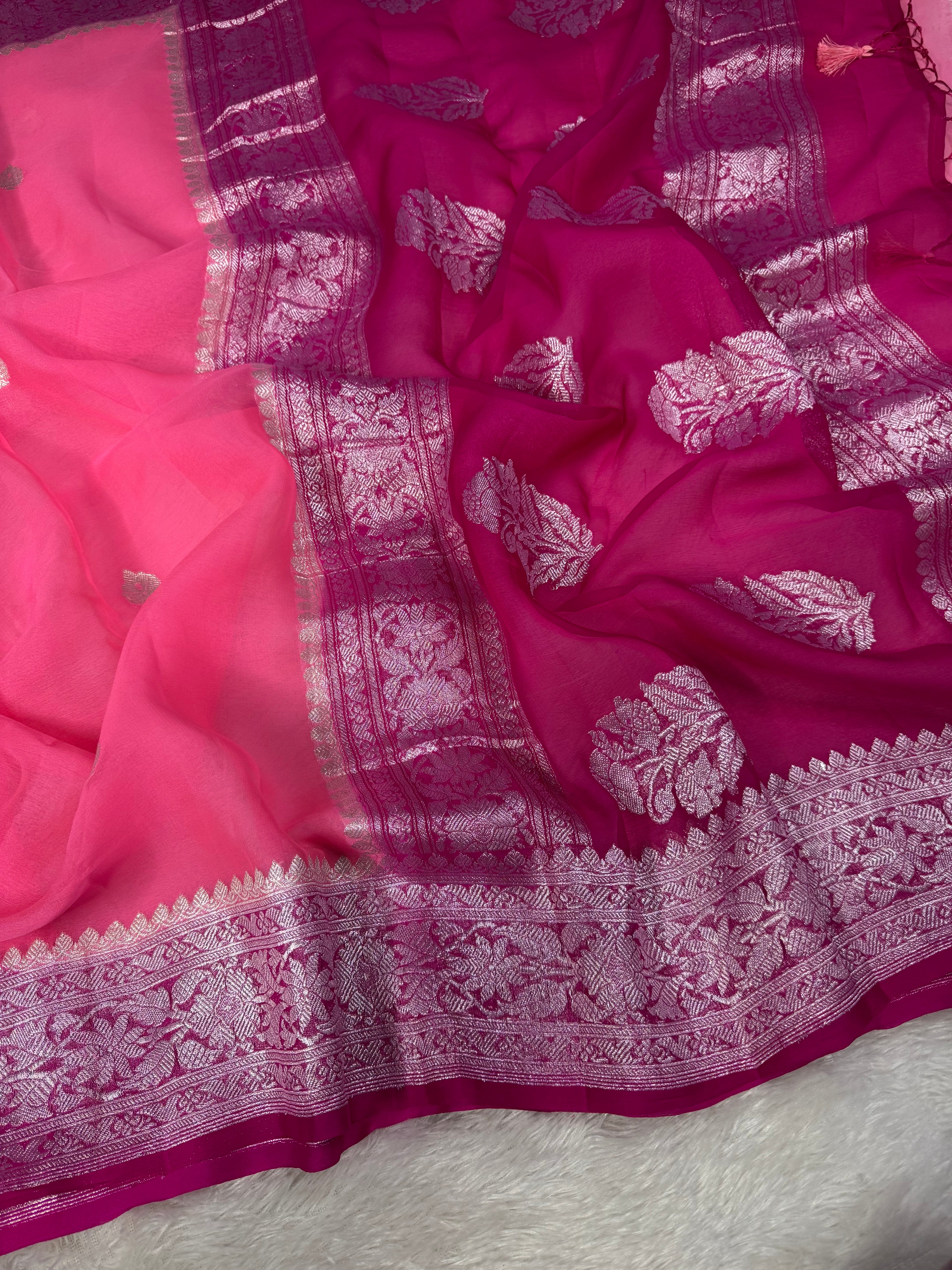 Pink & Hot Pink Pure Khaddi Chiffon Silk Banarasi Saree