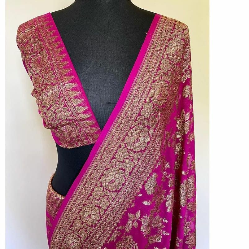 Rani Pink Pure Khaddi Georgette Silk Banarasi Saree