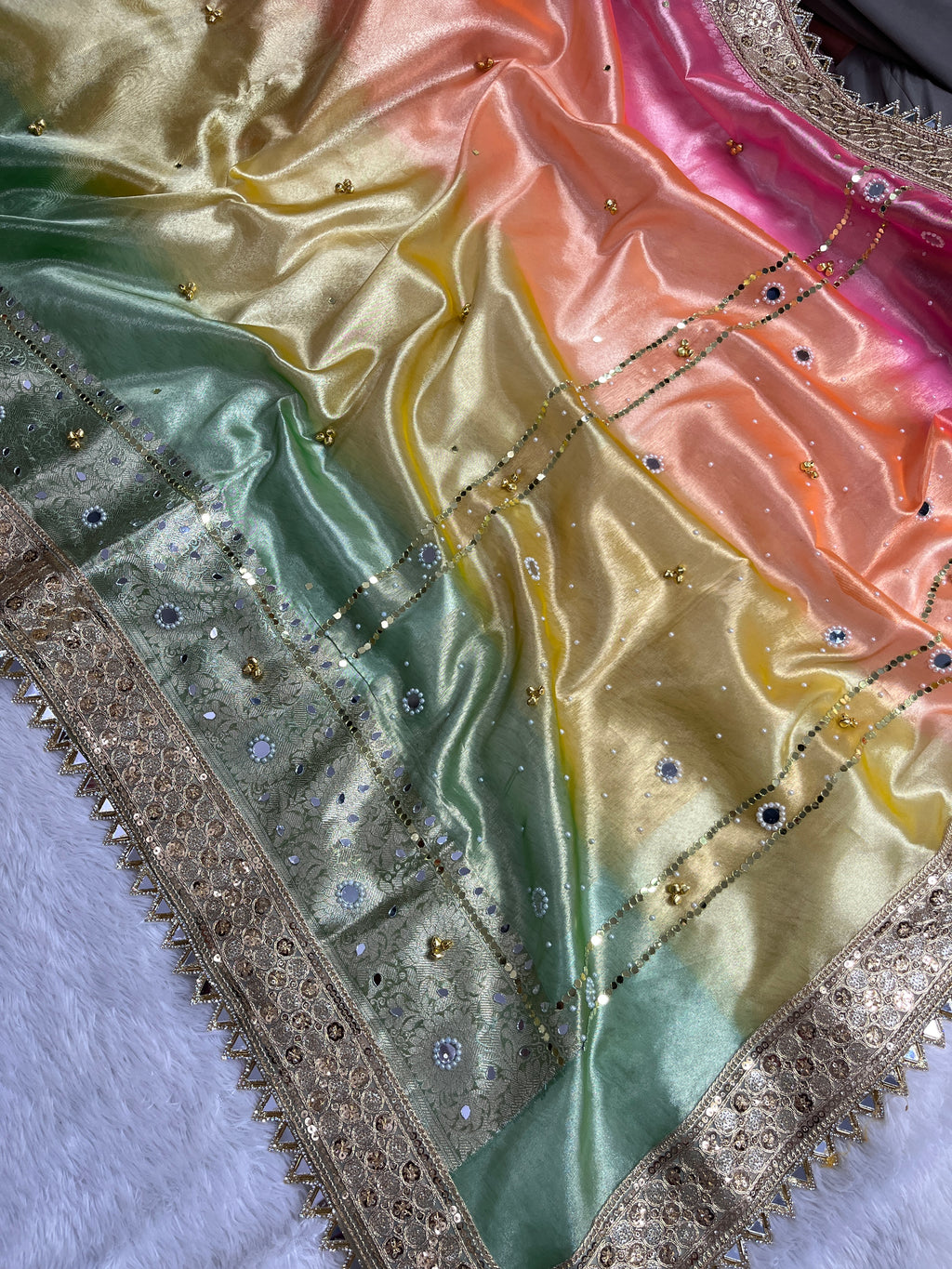 Dual Shade Peach & Mint Banarasi Tissue Silk Saree With Golden Ghunghroo Butti, Mirror Work & Luxury Lace
