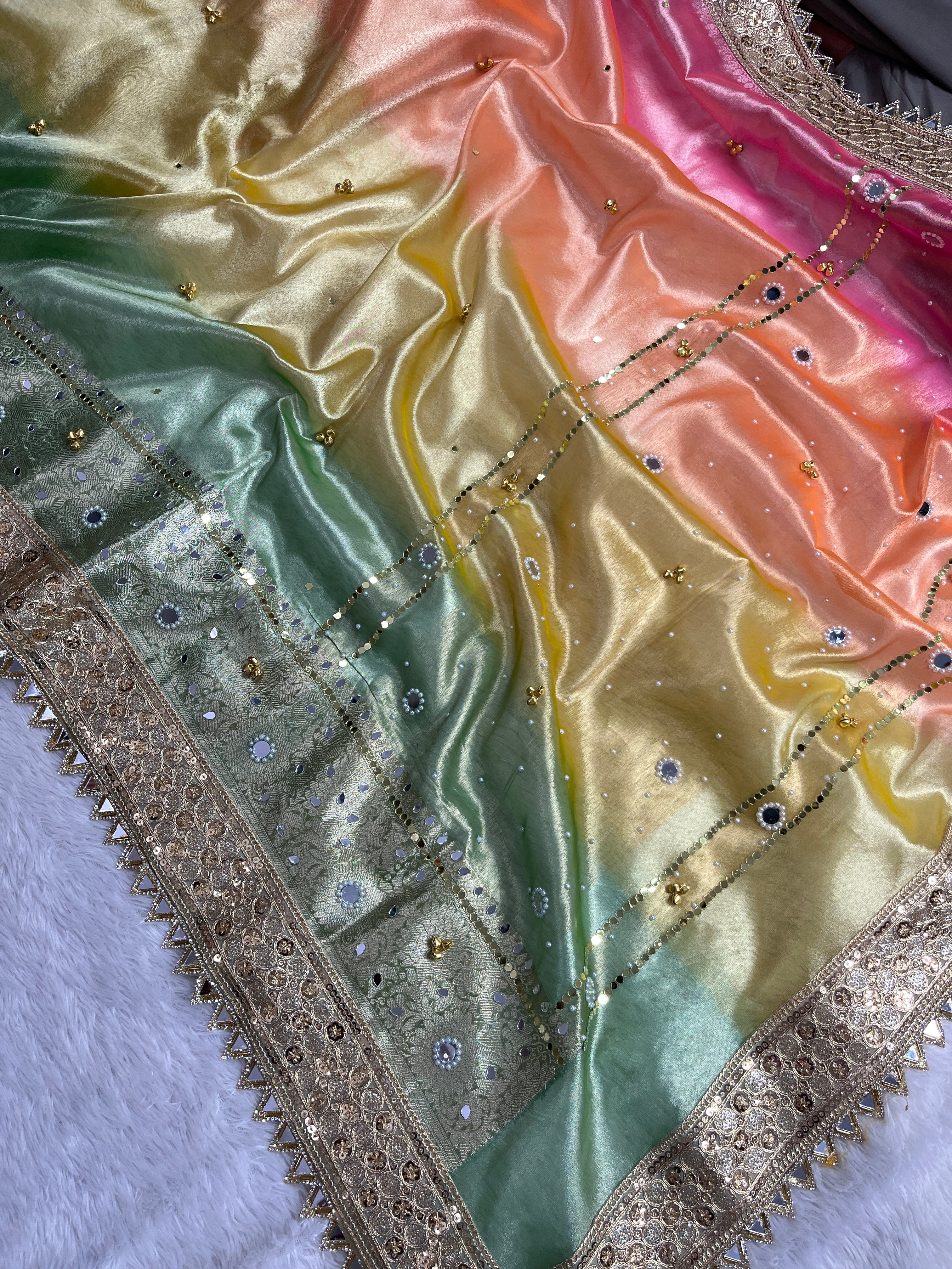 Dual Shade Peach & Mint Banarasi Tissue Silk Saree With Golden Ghunghroo Butti, Mirror Work & Luxury Lace