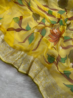 Yellow Handbrush Flowers Jall Designs Pure Khaddi Chiffon Silk Banarasi Saree