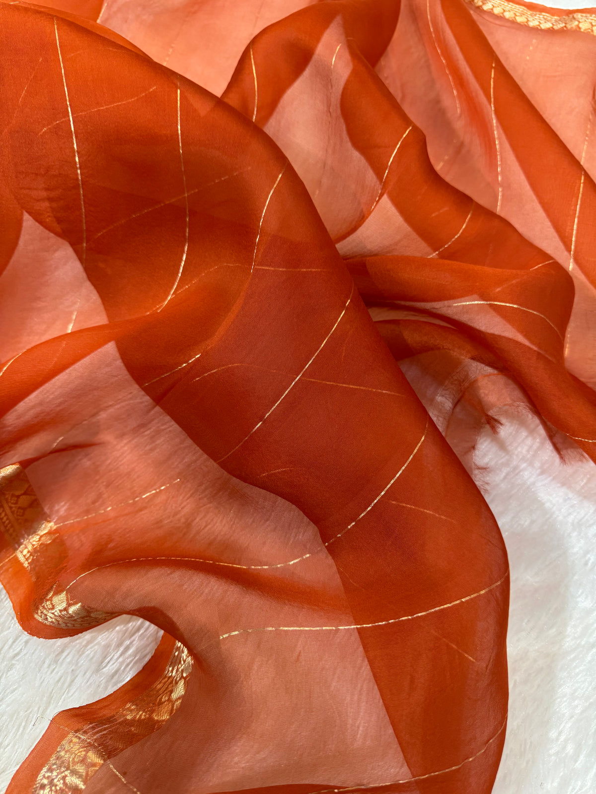 Rust Orange Pure Kora Organza Silk Banarasi Saree