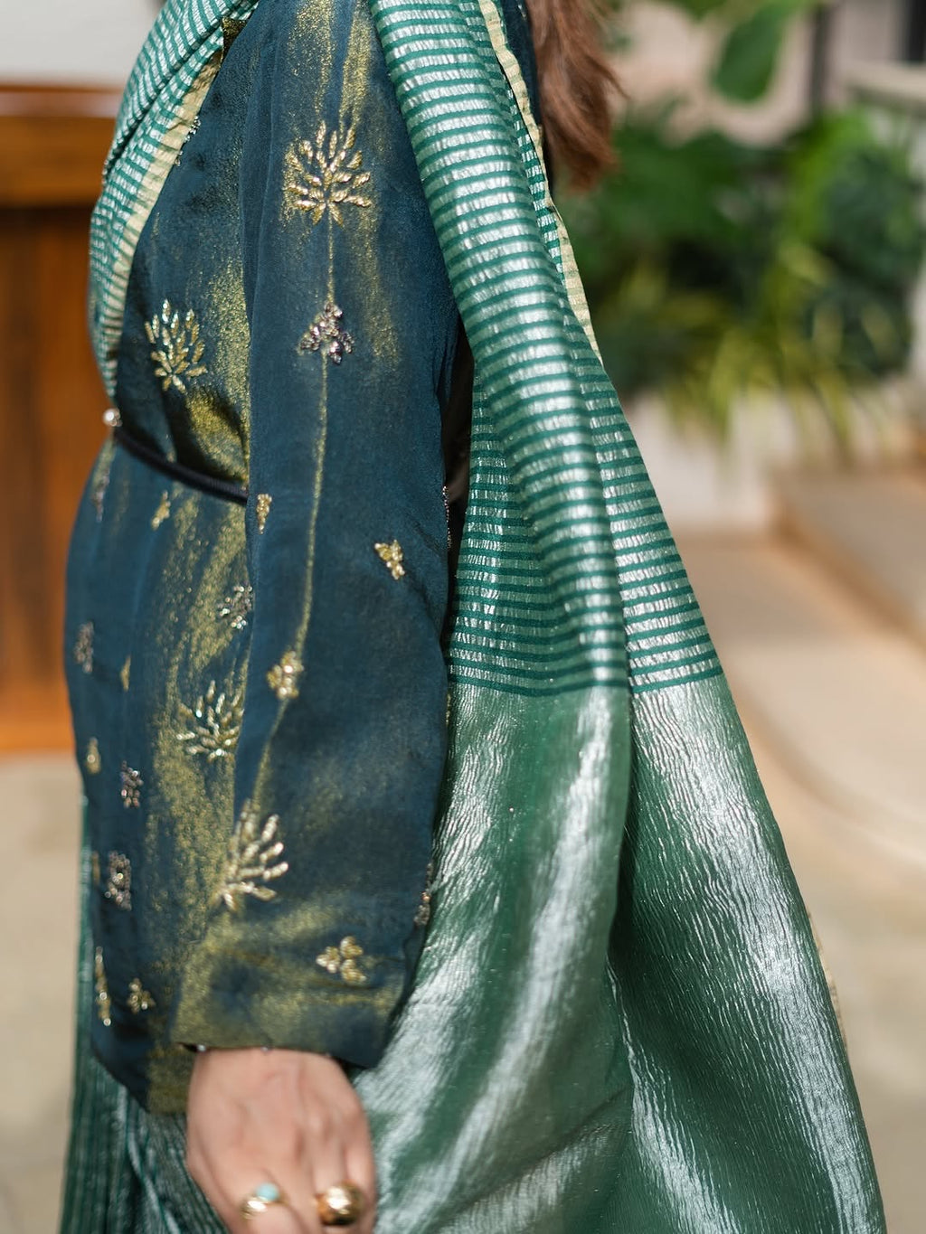 Green Stripe Pure Munga Tissue Silk Banarasi Saree