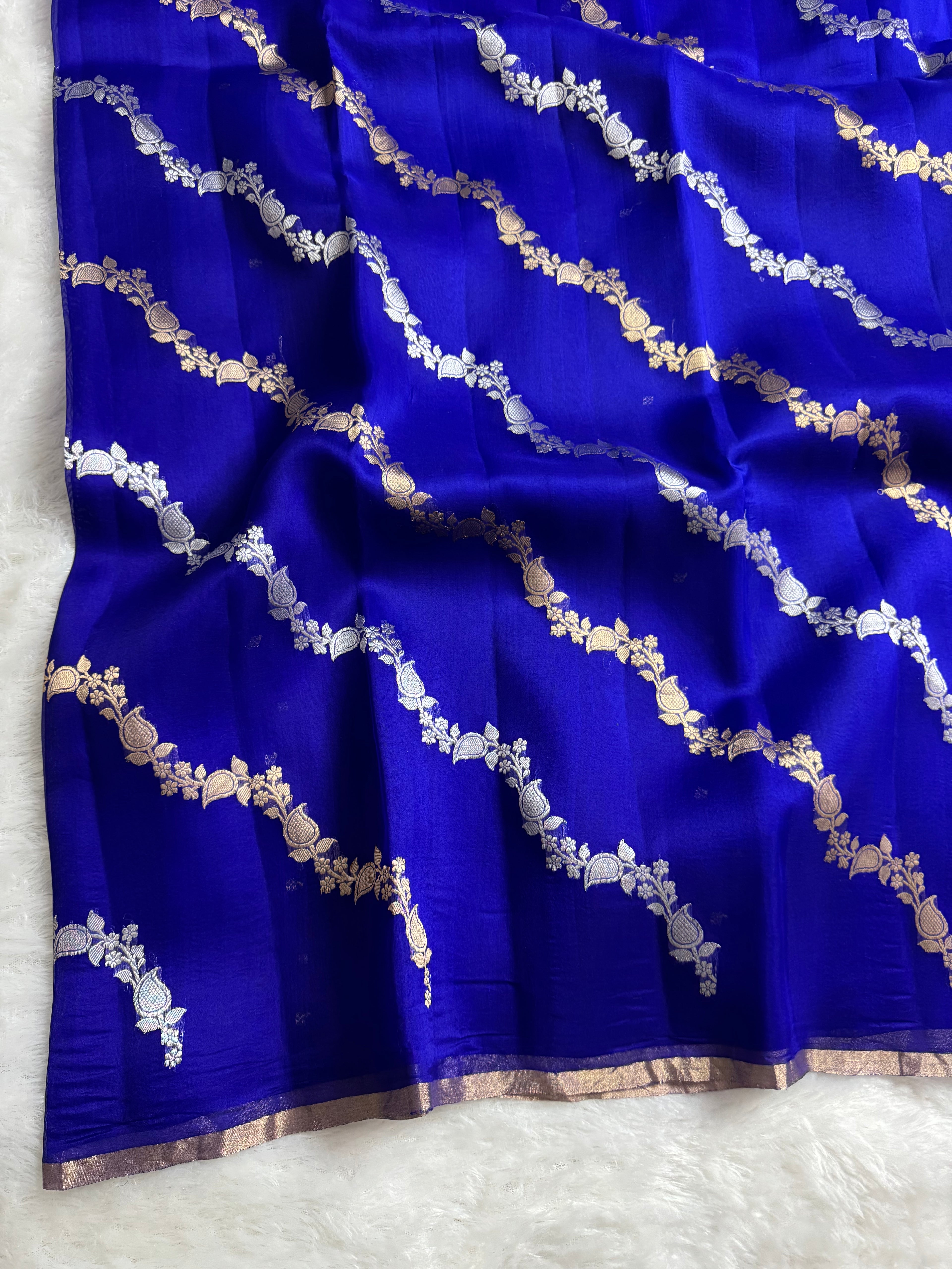 Royal Blue Stripe Sona & Roopa Pure Kora Organza Silk Banarasi Saree