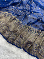 Navy Blue Pure Khaddi Georgette Silk Banarasi Saree