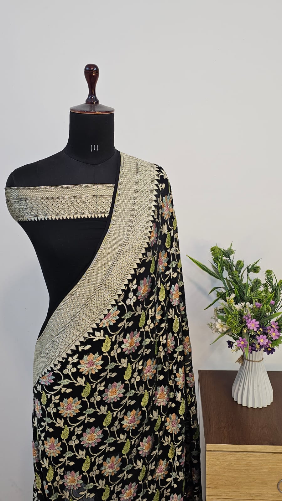 Black Handbrush Meenakari Pure Khaddi Georgette Silk Banarasi Saree