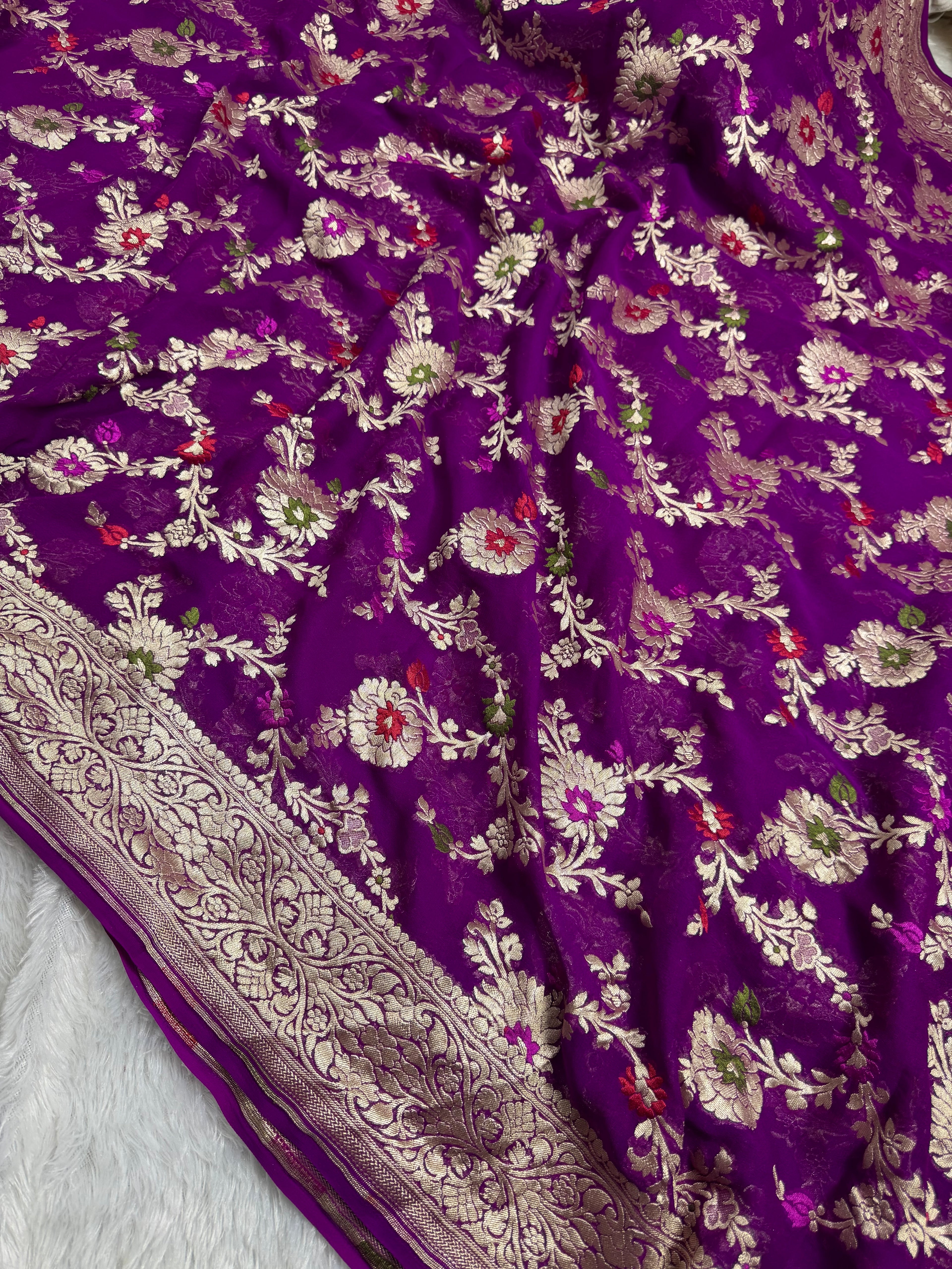 Royal Purple Pure Khaddi Georgette Silk Banarasi Meenakari Saree