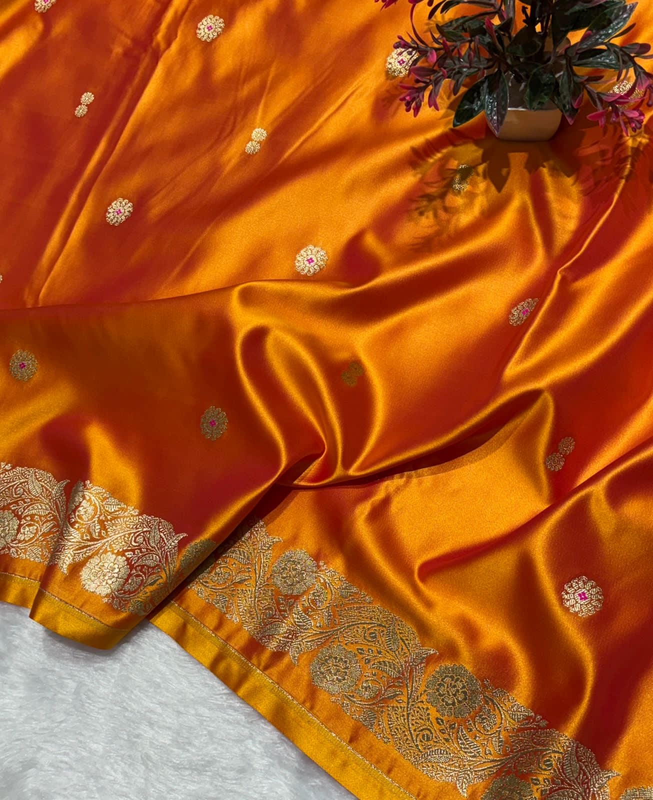 Kesri Orange Mashru Katan Silk Banarasi Saree