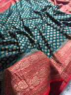 Rama Green & Red Pure Khaddi Georgette Silk Banarasi Saree