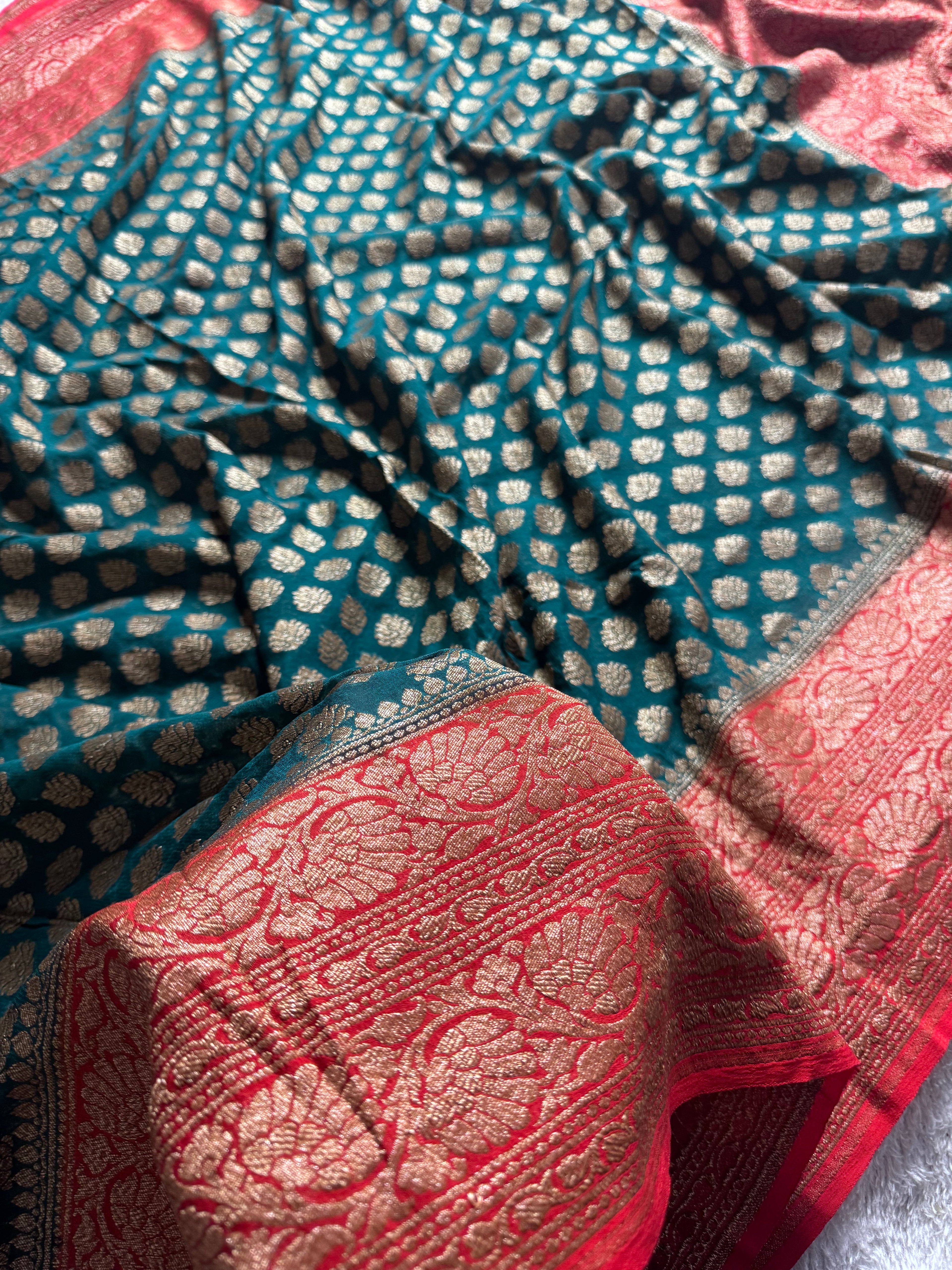Rama Green & Red Pure Khaddi Georgette Silk Banarasi Saree